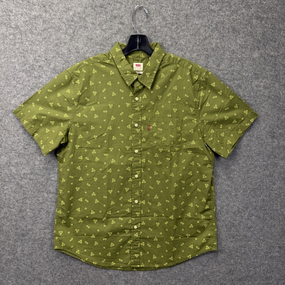 Levis Mens Standard Fit Short Sleeve Button Down Shirt Olive Green Print Large